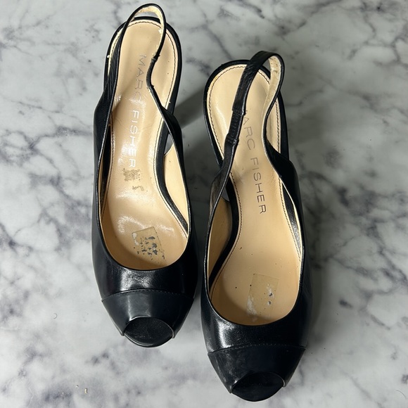 Black Marc Fisher Leathers Sling Back Peep Toe Heels - Picture 3 of 6